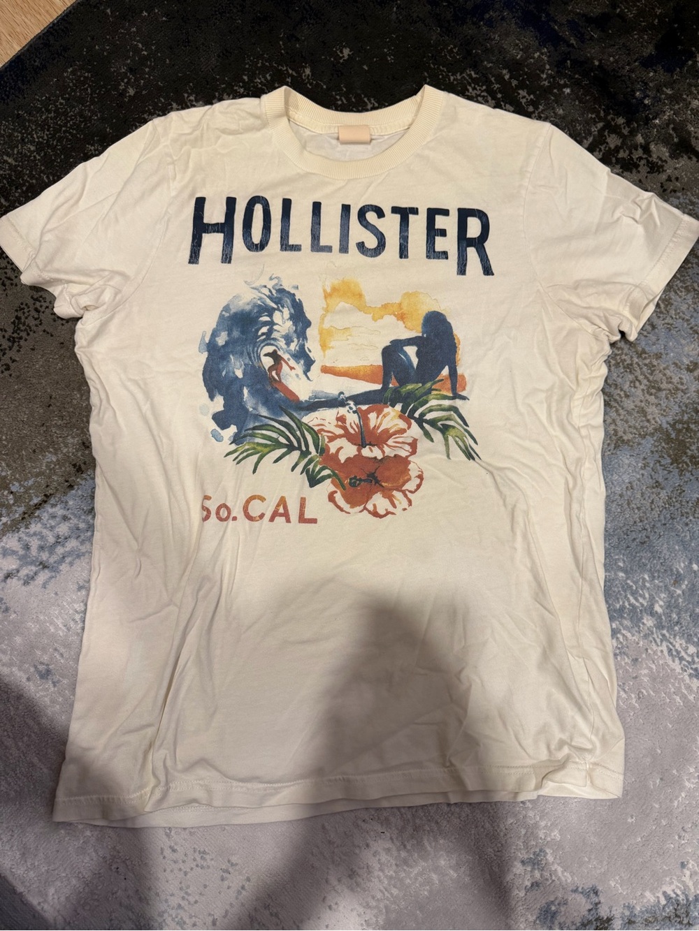 Hollister Cream Tee with Surf Graphic and Floral Accents